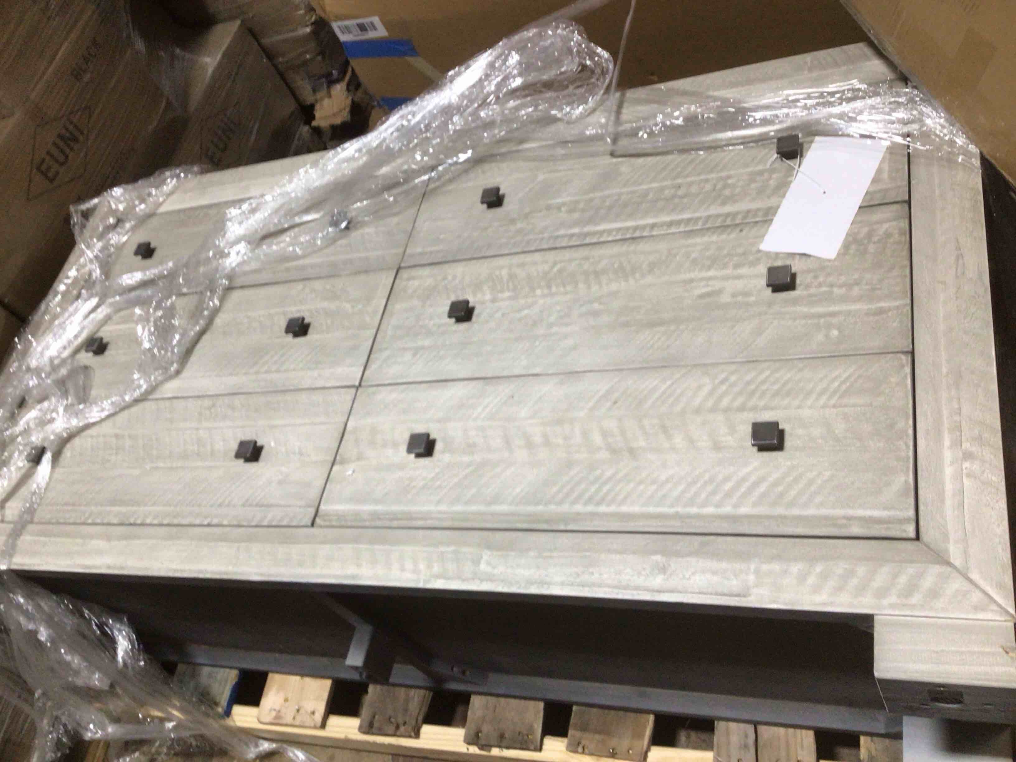 Condition photo showing As Is for Clancy 6 drawers solid acacia wood dresser light grey