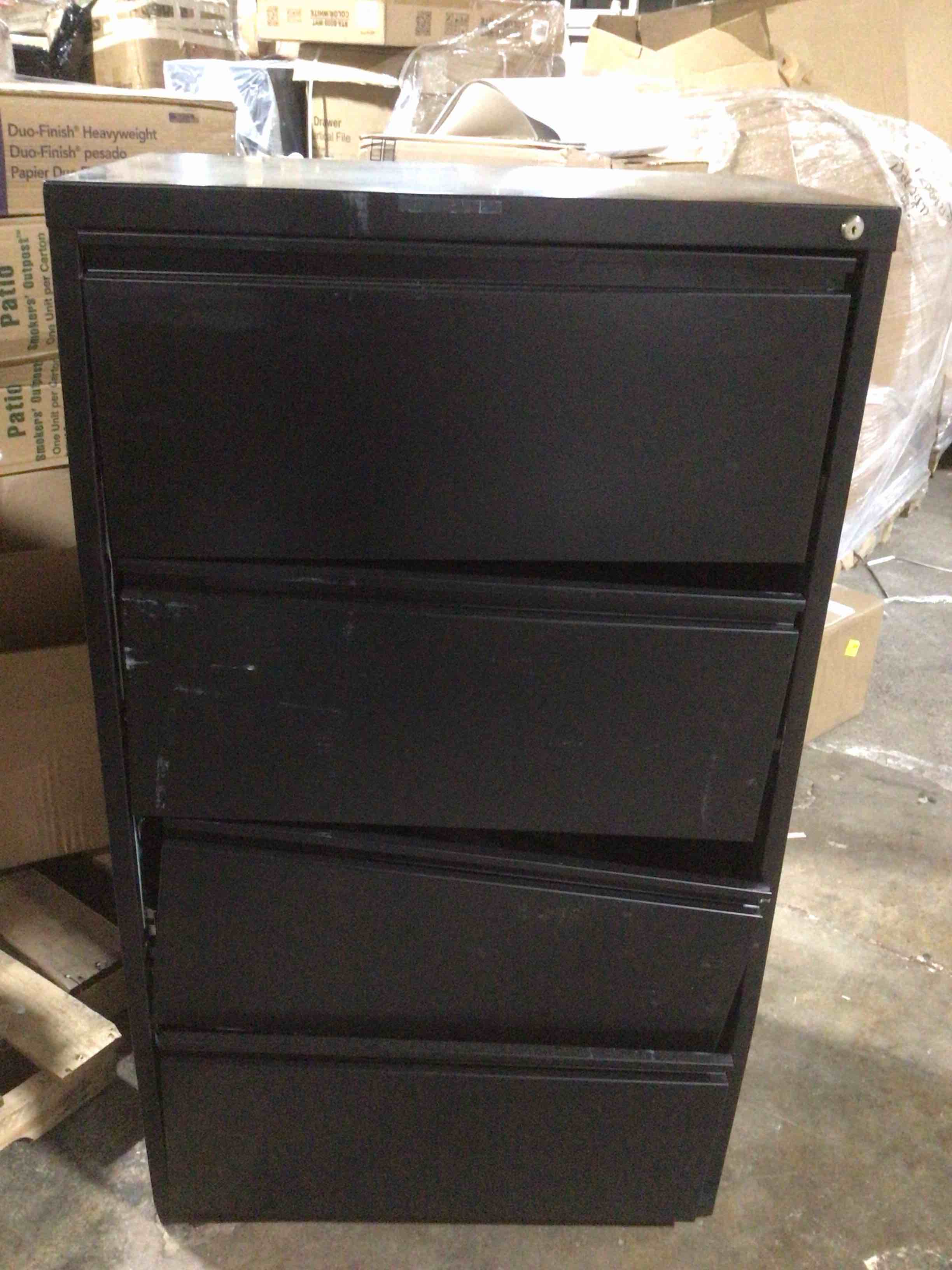 Condition photo showing As Is for 36 in. W 4-Drawer Black Metal Lateral File Cabinet for Home and Office, Holds Letter, Legal and A4 Hanging Folders
