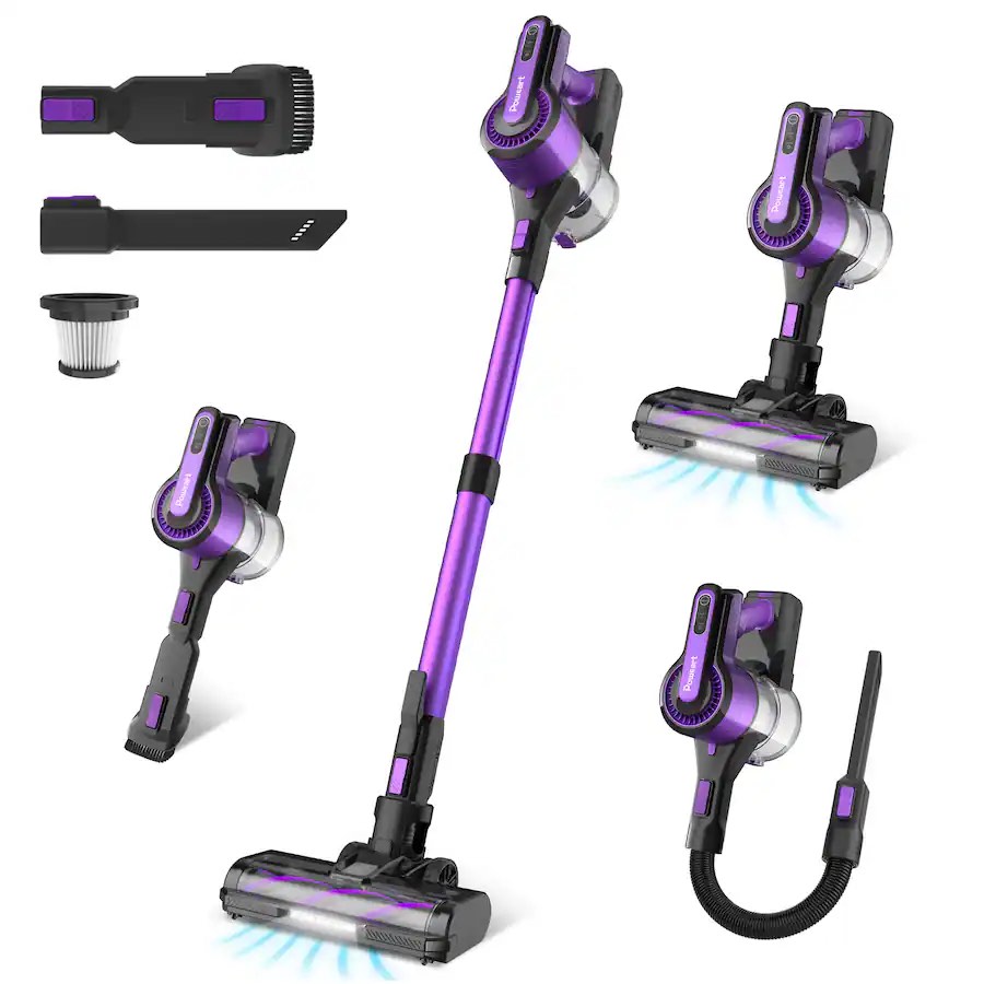 poweart - v870 cordless stick vacuum, 30kpa powerful, 350w motor, 8-in-1 lightweight, 45 min runtime for hardfloor, carpet - purple