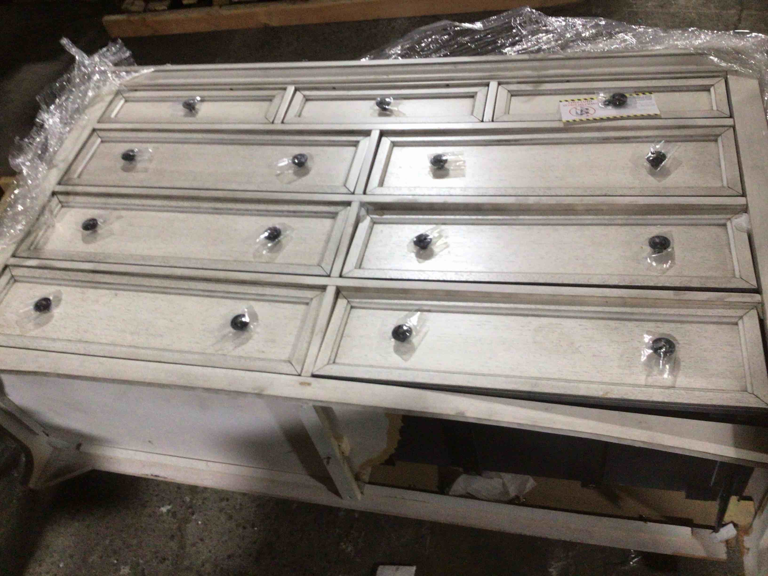 Condition photo showing As Is for Farmhouse 9 Drawers Dresser for Bedroom, 54" Wide Wood Rustic Chest of Drawers with Natural Texture, Vintage Design, Storage Dressers Organizer for Bedroom, Living Room, Distressed White