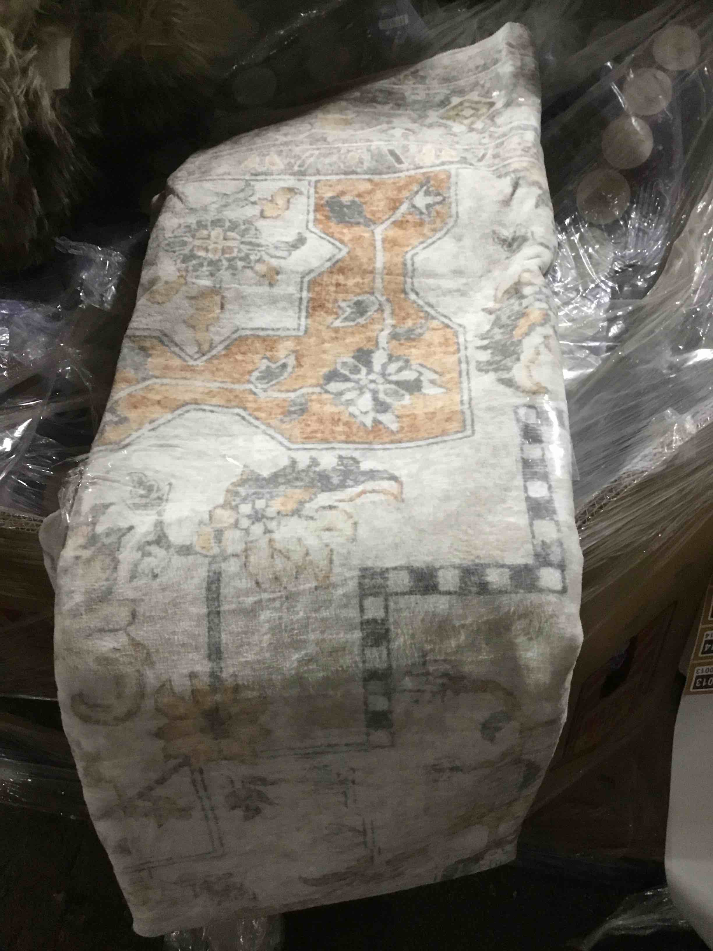 Condition photo showing As Is for washable 10x14 area rugs for living room, boho non-slip vintage distress large rugs for bedroom dining room office, 0.3" neutral oriental throw thin carpet, grey/beige/orange/multi
