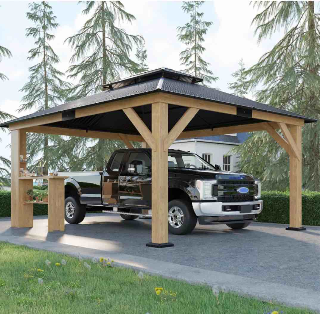 amerlife 13x15 spruce wood hardtop carport, outdoor gazebo with double metal roof & storage bar, paviloin with wood frame for patio, parties, garage, lawns