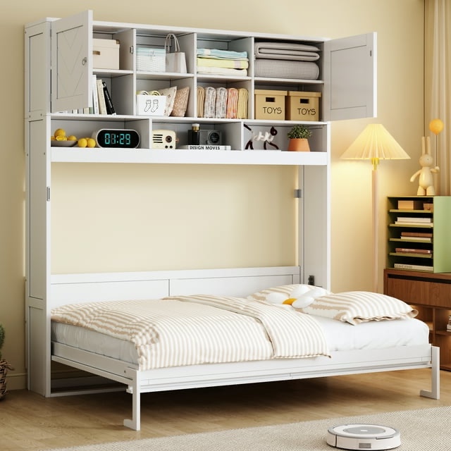 LHYY Queen Size Wall Murphy Bed with Ample Storage Space and Chevron Stripes,White