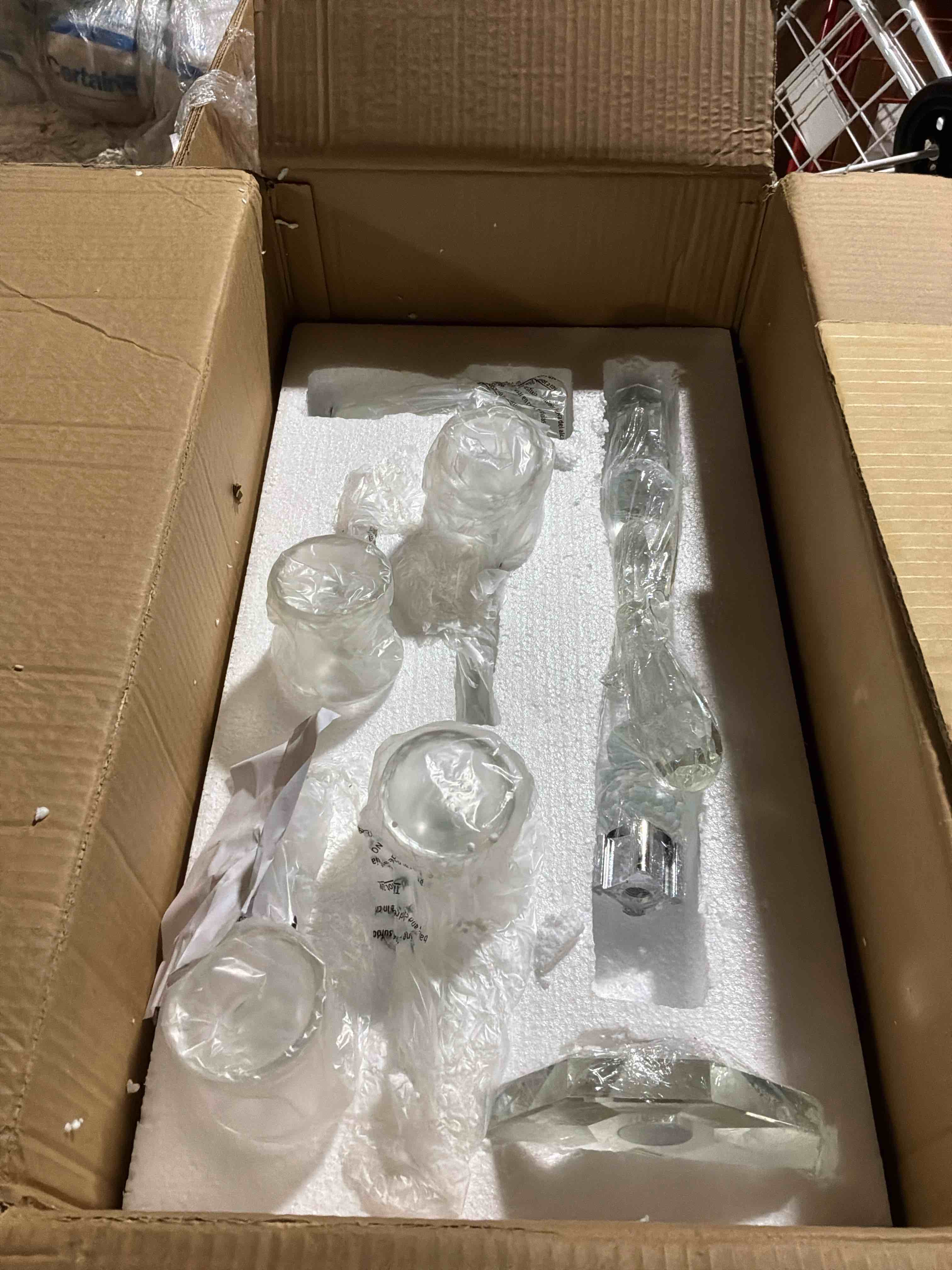 Condition photo showing As Is for seasonal abode 15.5 x 15.5 x 28” candle holder clear 