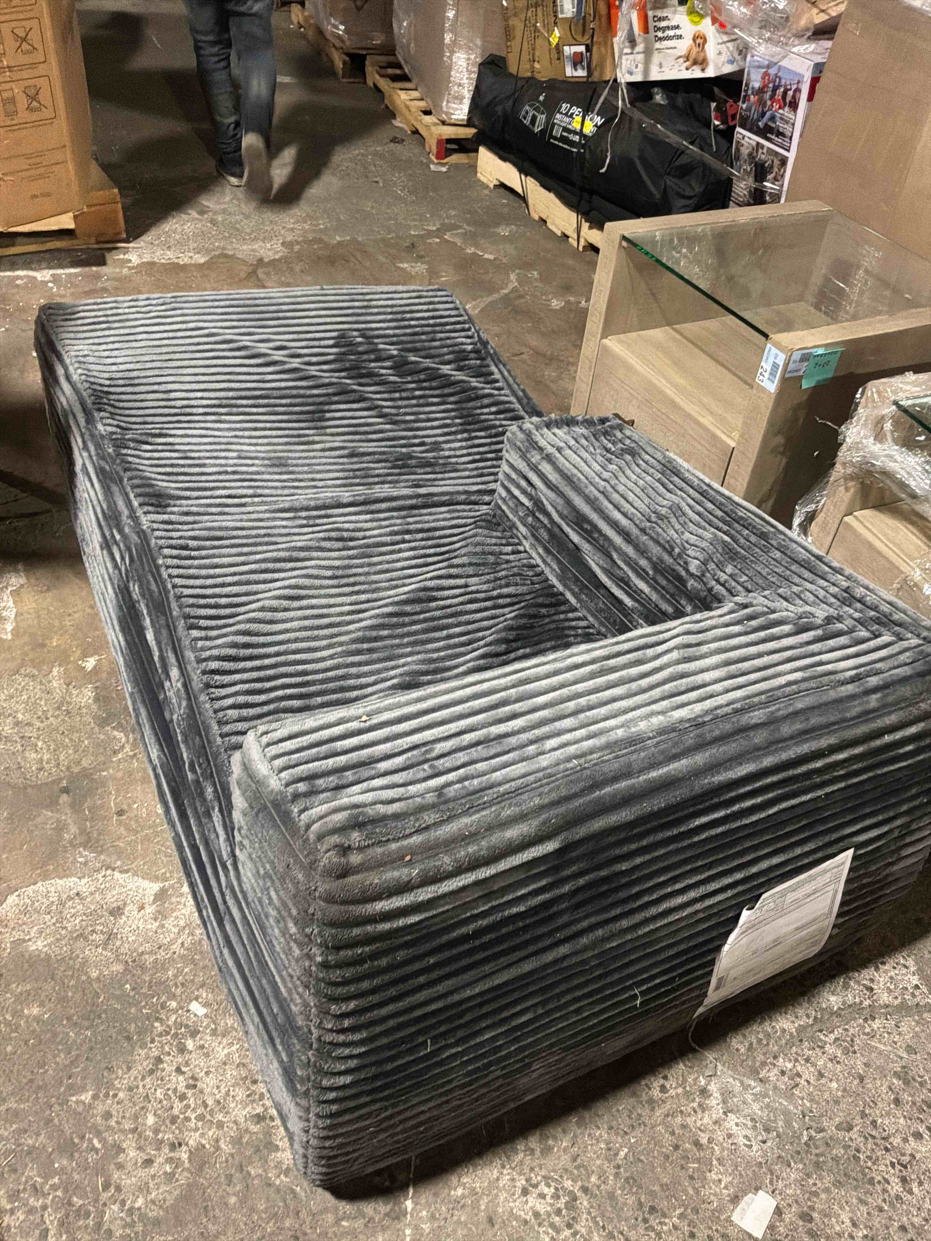 Condition photo showing New/Like New for 106 in. track arm 2-piece corduroy upholstery l-shaped sectional sofa with compression foam construction in. gray