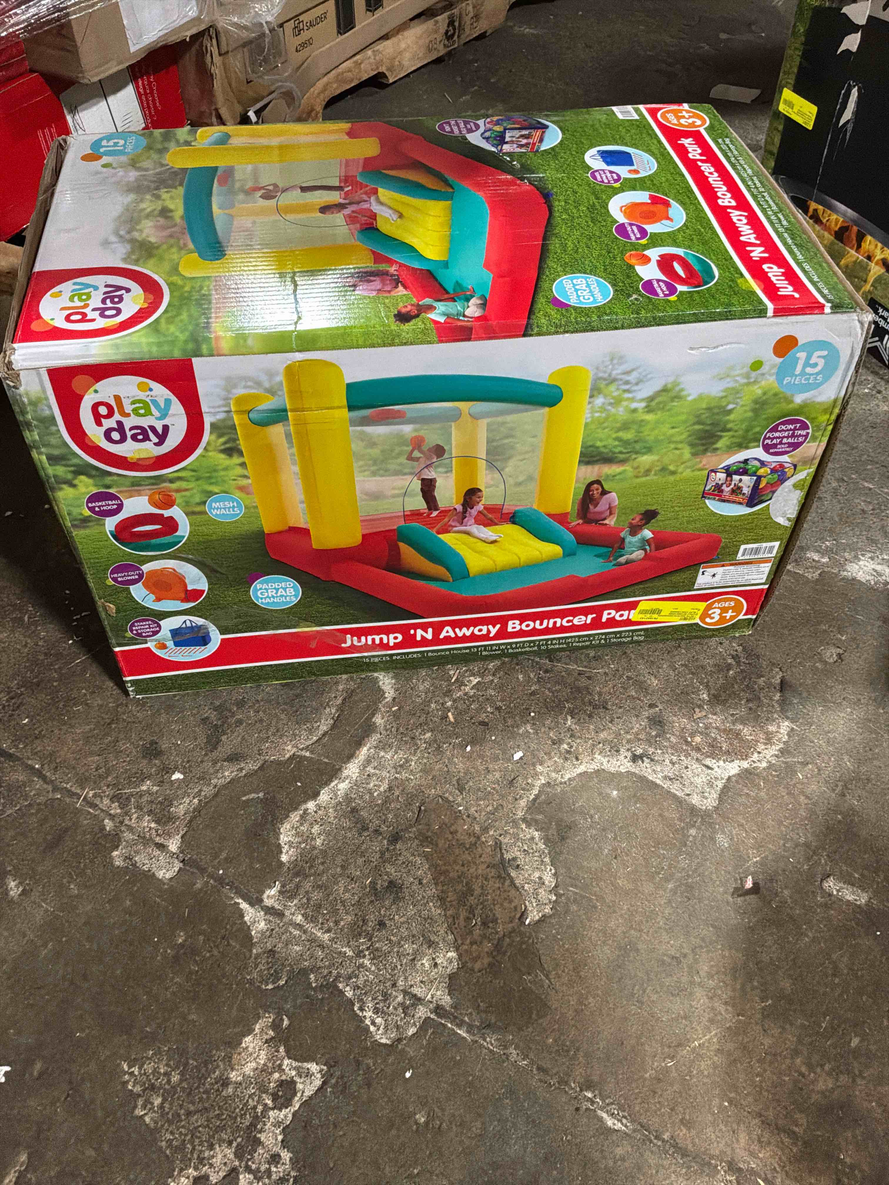 Condition photo showing New/Like New for play day jump  n away kids bouncer with blower included