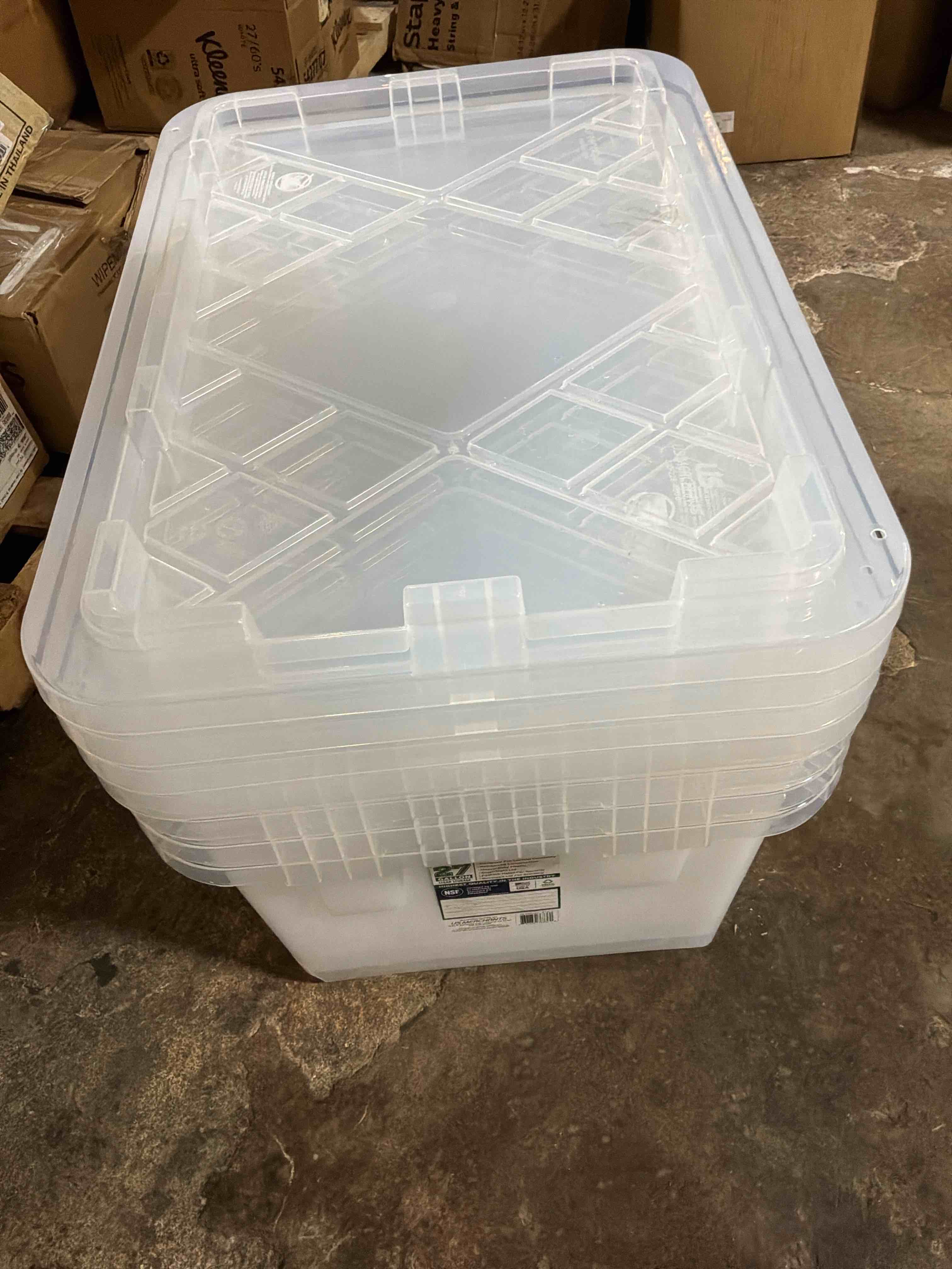 Condition photo showing As Is for pack of 2 greenmade storage bin with lid, 27 gallon, clear