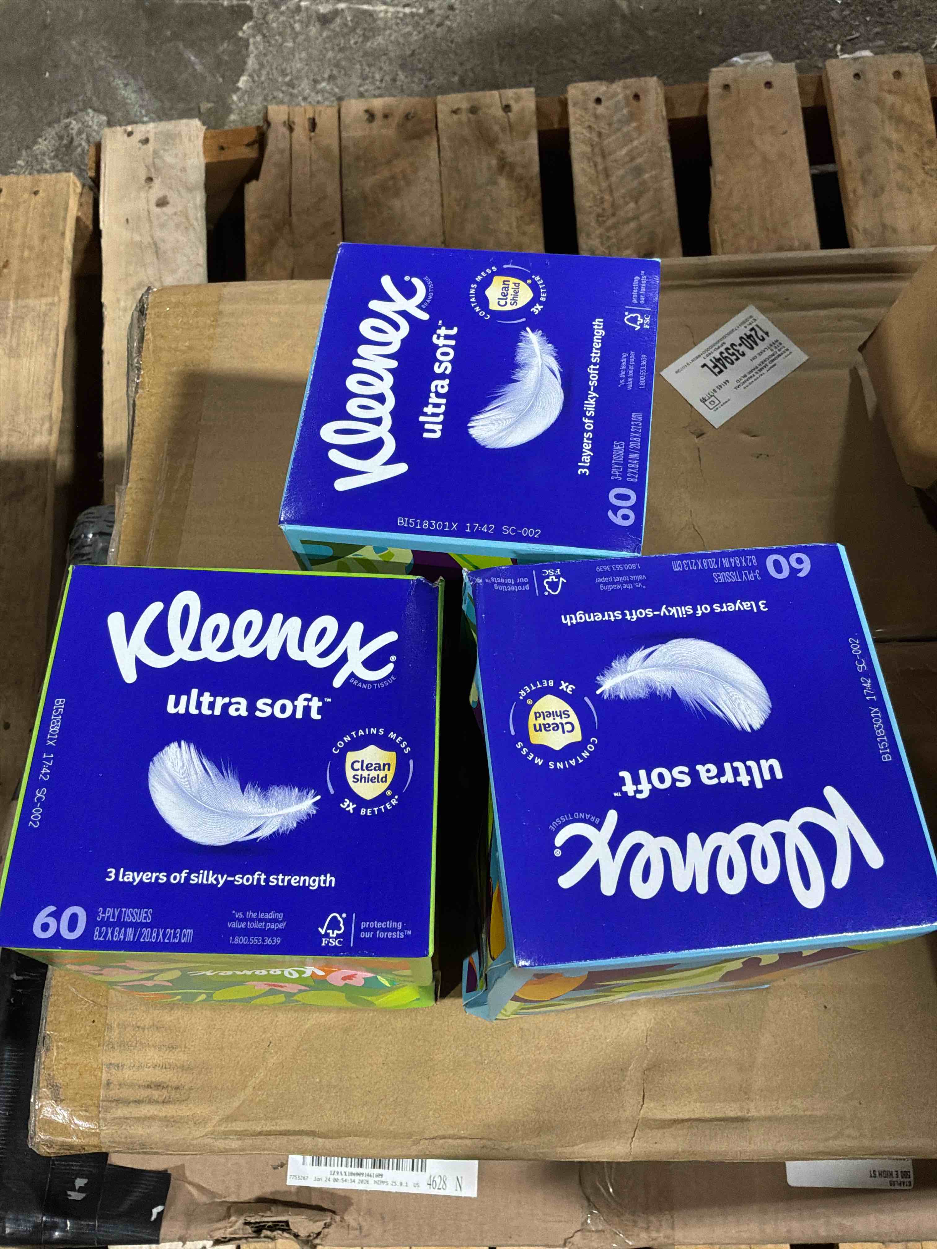 Condition photo showing New/Like New for set of 3 kleenex ultra soft facial tissues 1 cube box 60 tissues per box 3-ply