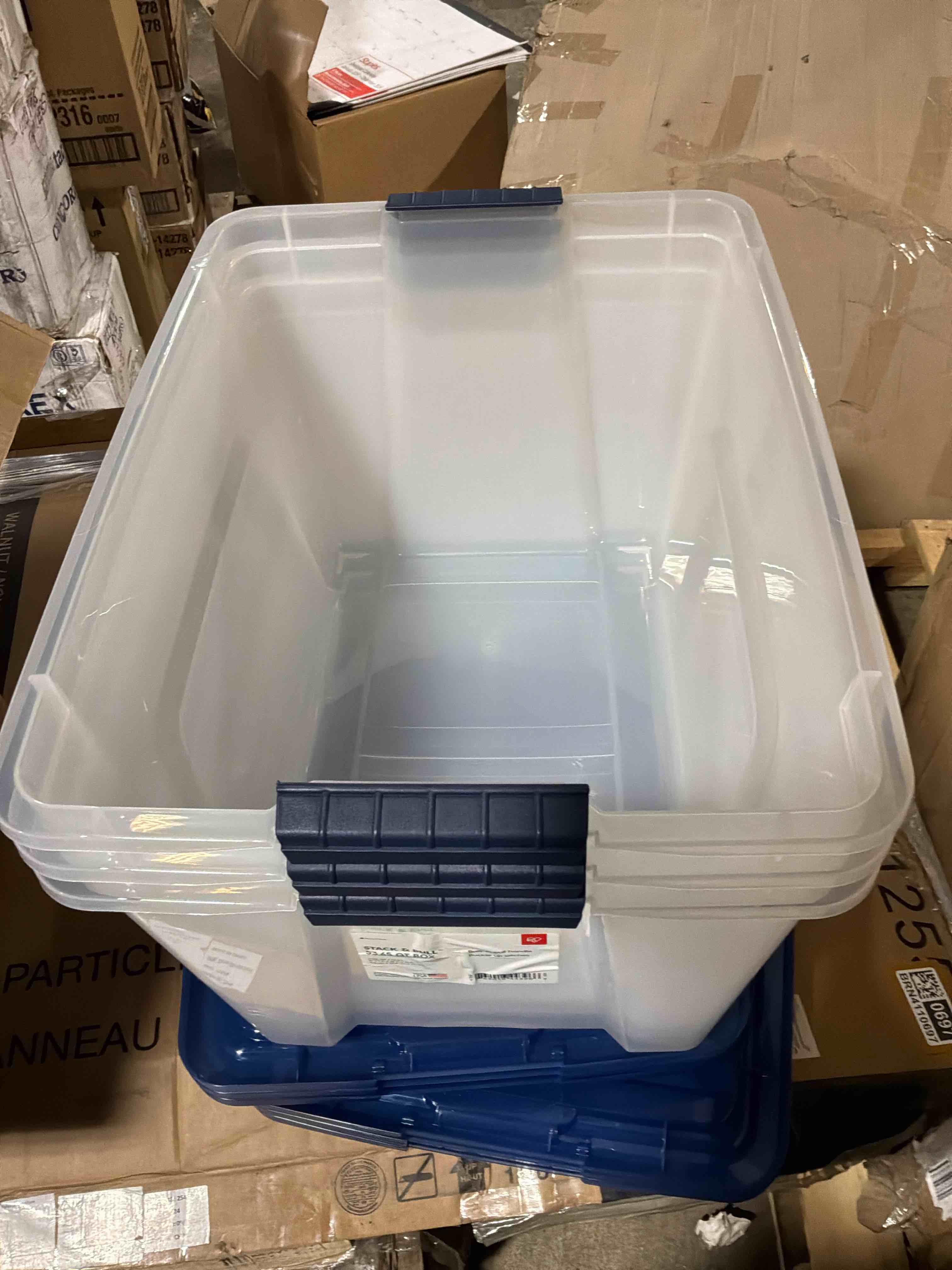 Condition photo showing New/Like New for set of 4 iris stack & pull 54 qt. latch lid storage box clear (100242)