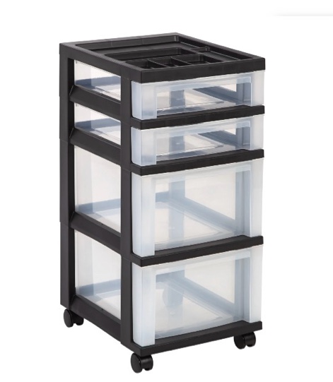 office depot medium plastic storage cart, 4 drawers, 26 7/16in.h x 12 1/16in.w x 14 1/4in.d, black, 116813