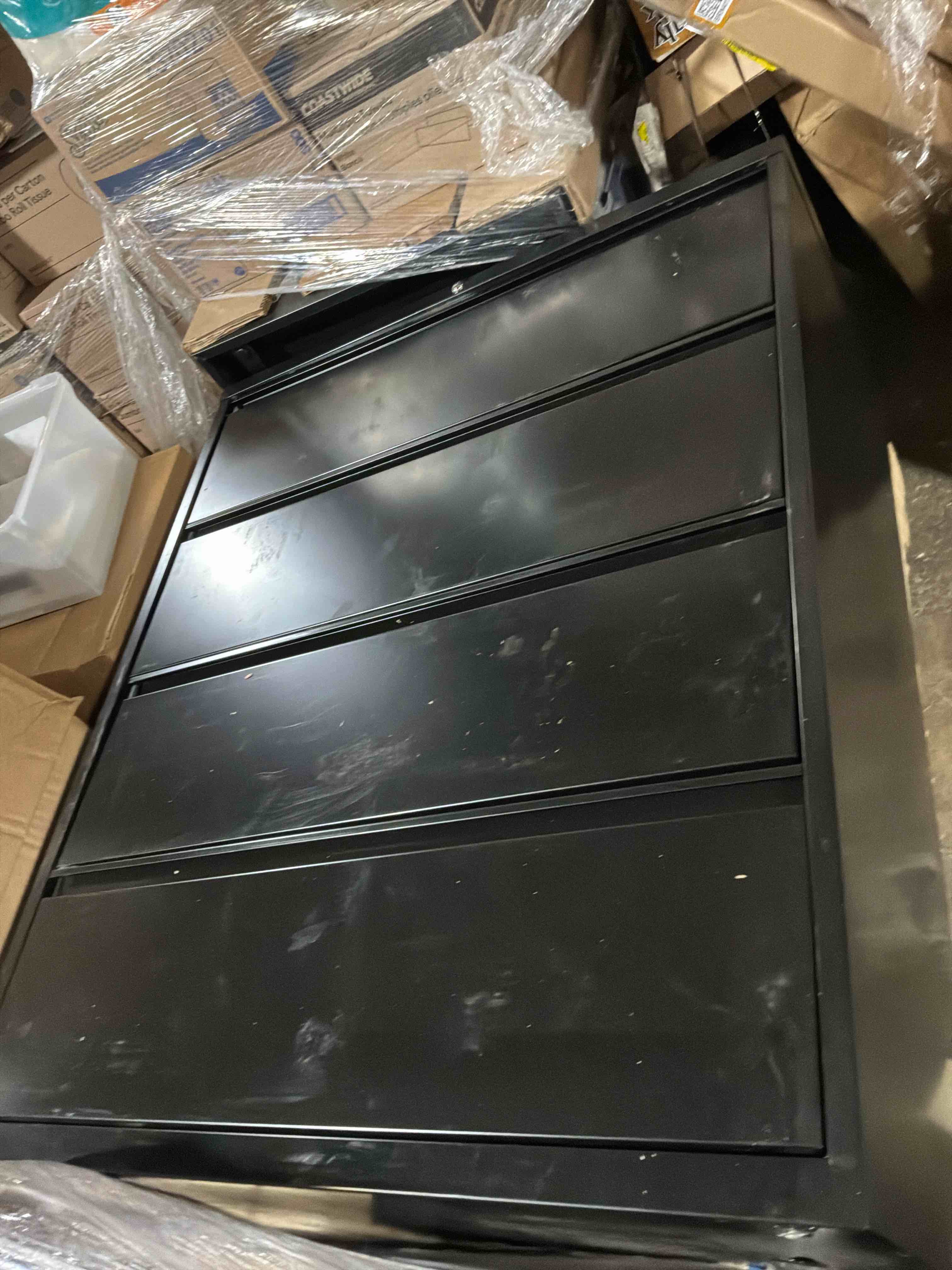 Condition photo showing Good Condition for intergreat 4 drawer file cabinet, lateral file cabinet with lock, metal office filing cabinet with adjustable frame for legal, letter, a4 files, fast assembeld, black