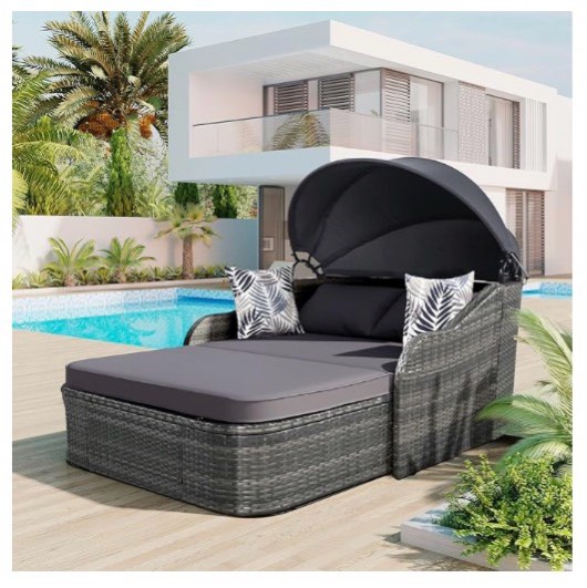Condition photo showing Good Condition for emkk 79.9" outdoor sunbed with adjustable canopy, double lounge, pe rattan daybed, wicker, cushion patio furniture set for garden, backyard