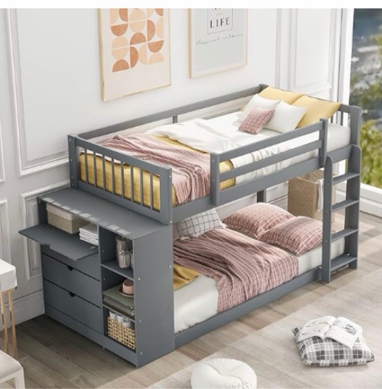 twin over twin floor bunk bed with attached cabinet and shelves storage, solid wood low bunk bed frame with ladder and guardrails for kids, teens, adults, multi storage function loft bed