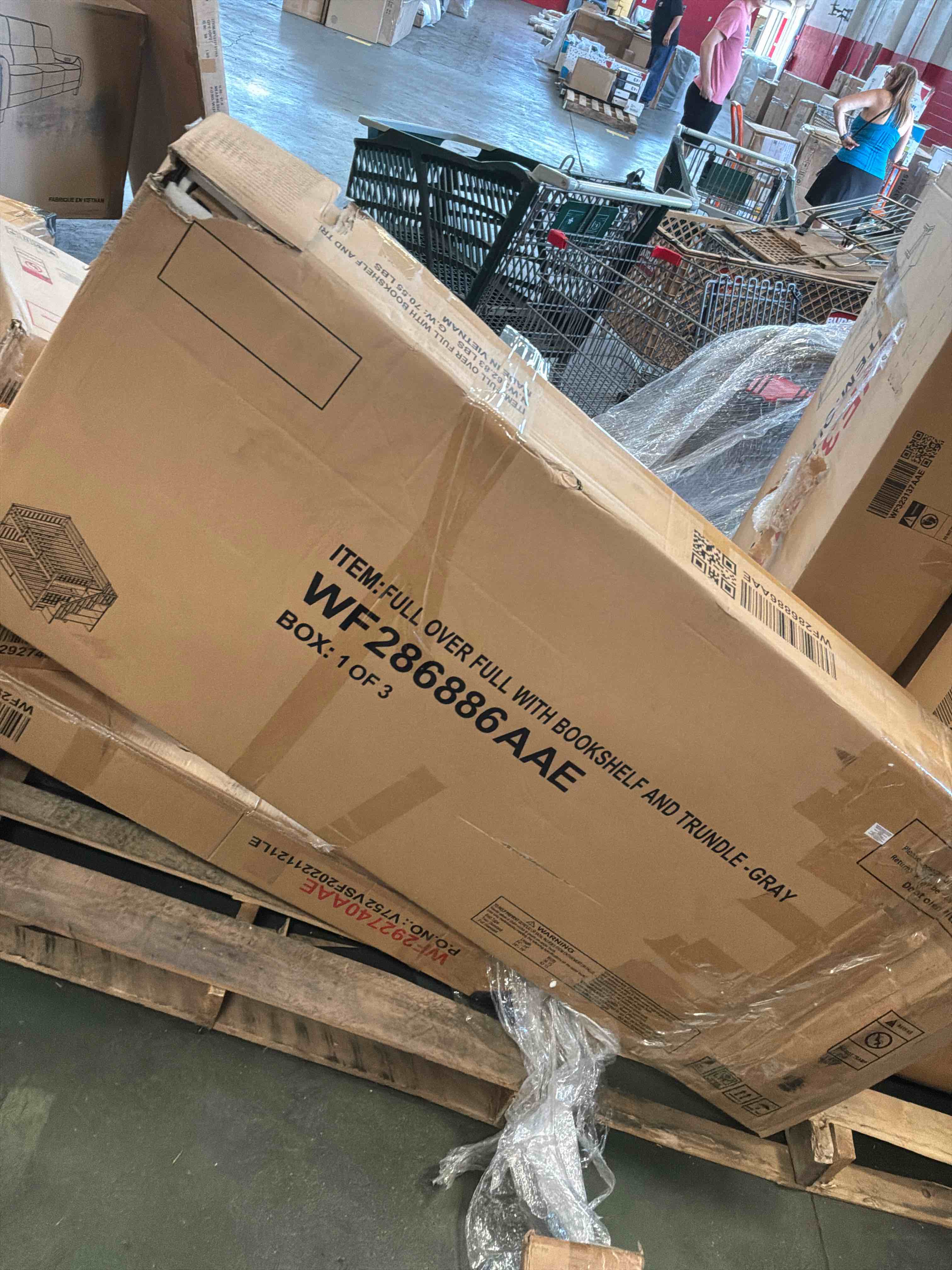 Condition photo showing New/Like New for gray full over full wood bunk bed with stairs and trundle, detachable full kids bunk beds with book shelves