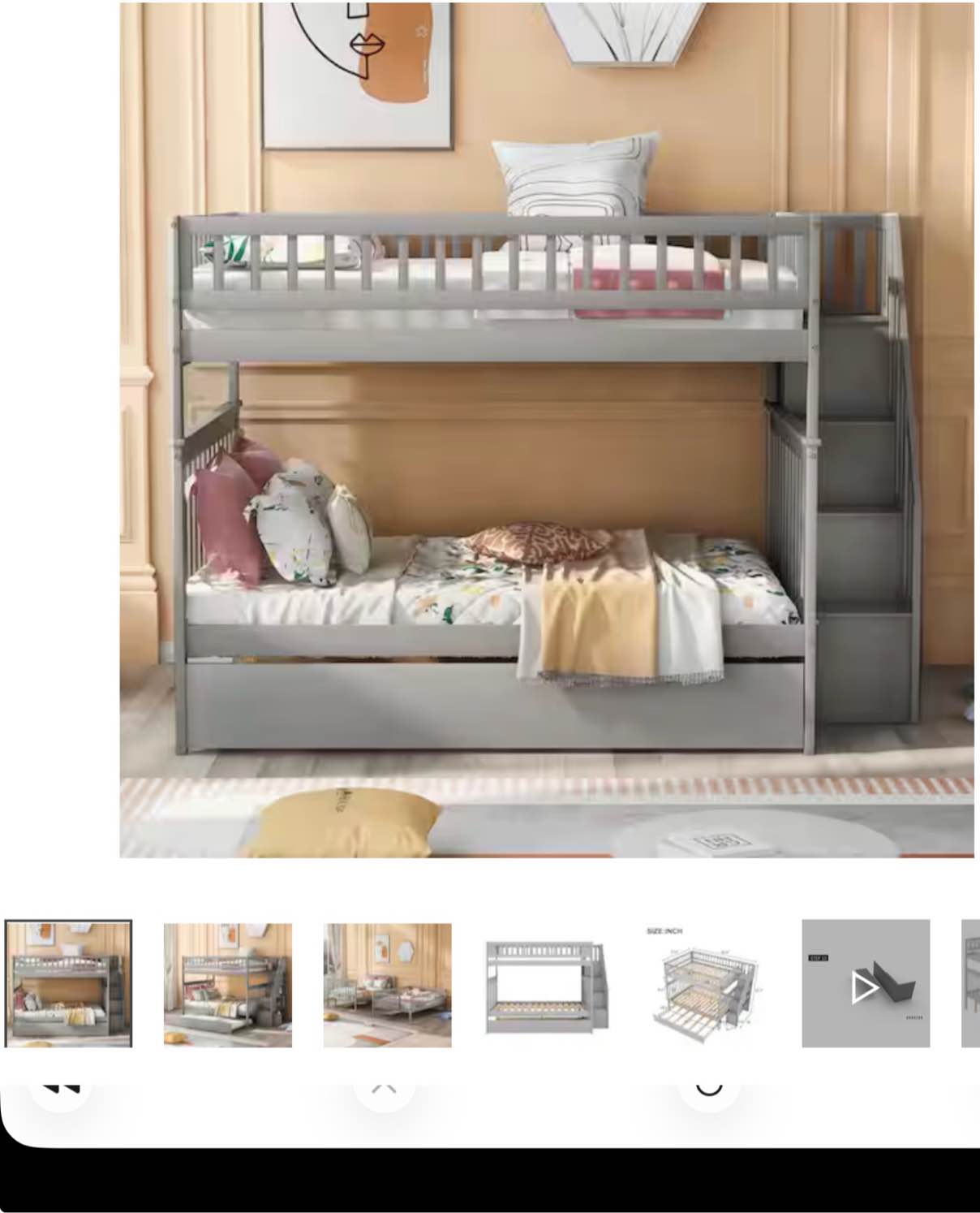 gray full over full wood bunk bed with stairs and trundle, detachable full kids bunk beds with book shelves