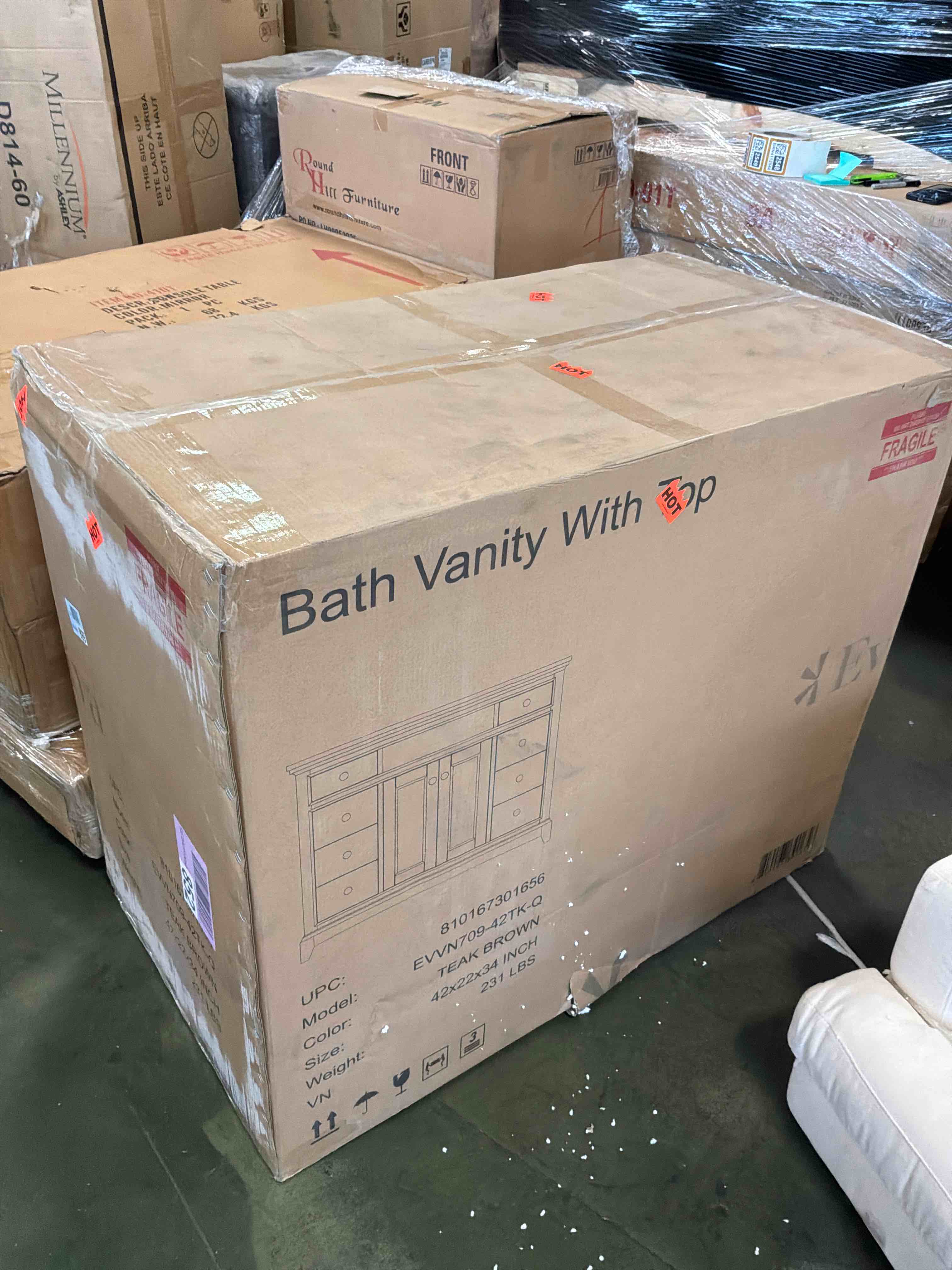 Condition photo showing New/Like New for elite stamford 42 in. single sink teak bath vanity with white carrara quartz top (assembled)