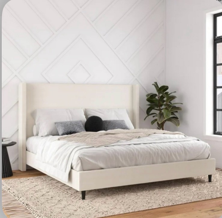 Eveline Upholstered Platform Bed Frame With High Wingback Headboard 