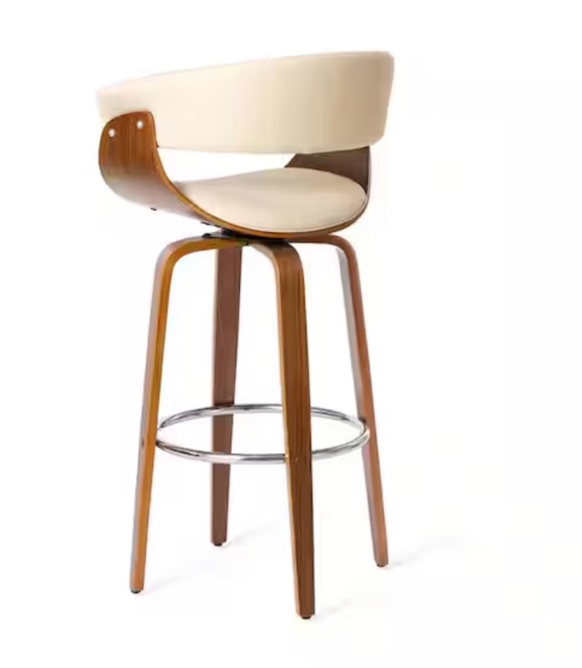 40.5 in. H Mid-Century Modern Cream PU Leather/Walnut bentwood Swivel Chair Bar Stool 