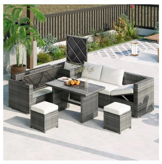 ((incomplete Box 4 of 4 ))6 piece All Weather PE Rattan Patio Sectional Sofá Set White Adjustable 