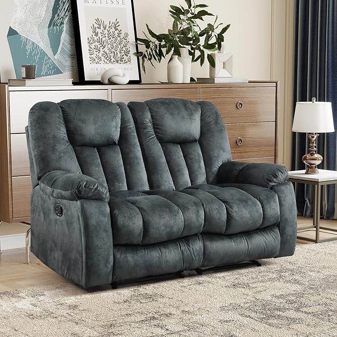 EBELLO Loveseat Recliner Sofa for Living Room, Extra Wide Modern Overstuffed 2 Seat Reclining Manual Sofa Chair, Daul Recliner with Hidden Armrest Cup Holders, Breathable Fabric, Grey