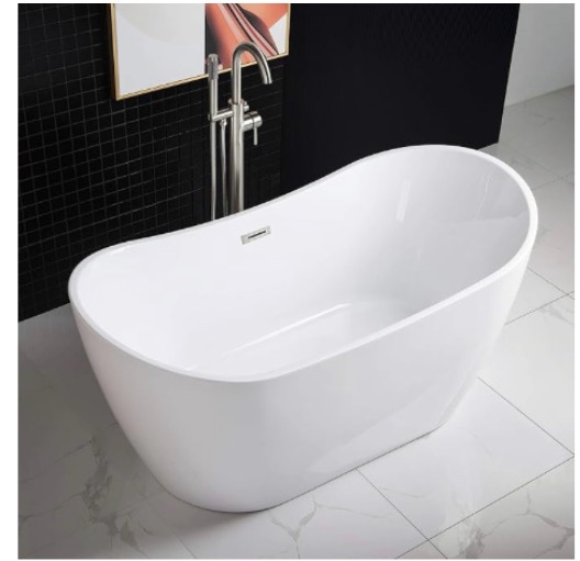 WOODBRIDGE 59"Freestanding White Acylic Soaking Bathtub with Brushed Nickel Drain and Overflow,B0011-BN