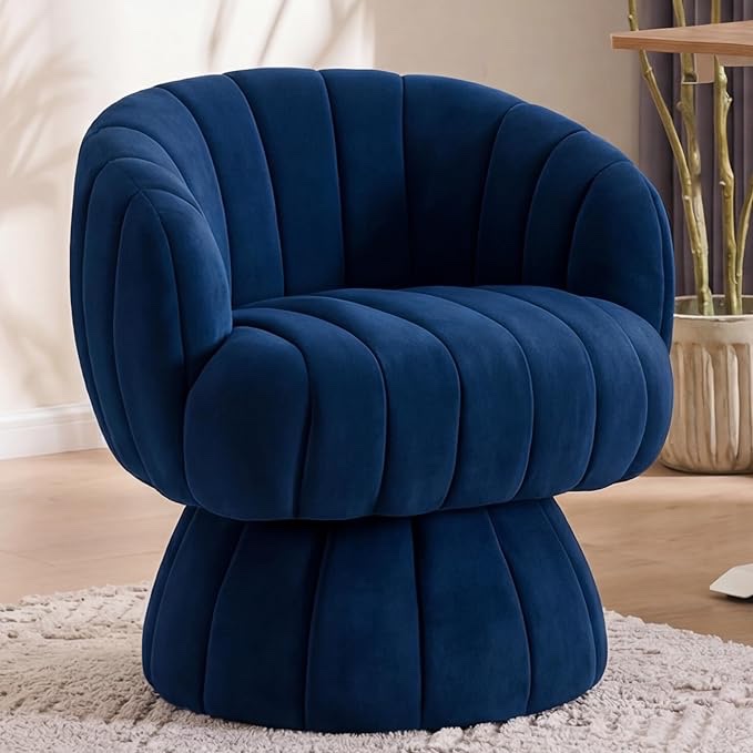 Mid Century Modern 360 Degree Barrel Swivel Accent Sofa Chair,Fluffy Velvet Fabric Lounge Wide Upholstered Pumpkin Reading Chair, Round Cloud Armchair for Living Room,Bedroom,Vanity(Navy Blue)