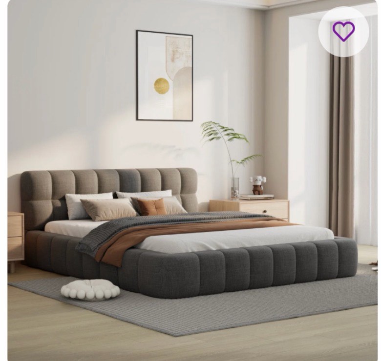Katence Elegant Linen Platform Bed with Upholstered Headboard 