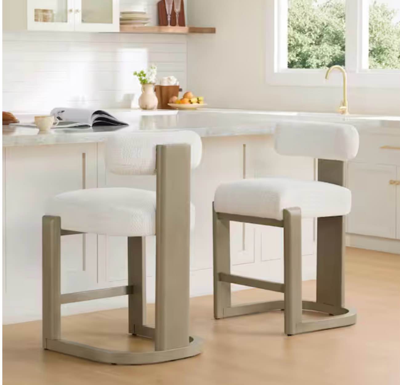Remy 27 in. Pearl/Grey Mid-century Modern Boucle Fabric Solid Wood Counter Stool with Back for Diningroom