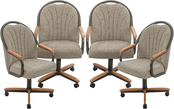 Chromcraft Douglas Set of 4 Casual Dining Chairs Classic Swivel Tilt Dining Chairs with Casters, Wooden Arm Metal Base Chairs with Rolling Wheels for Kitchen & Dining Room