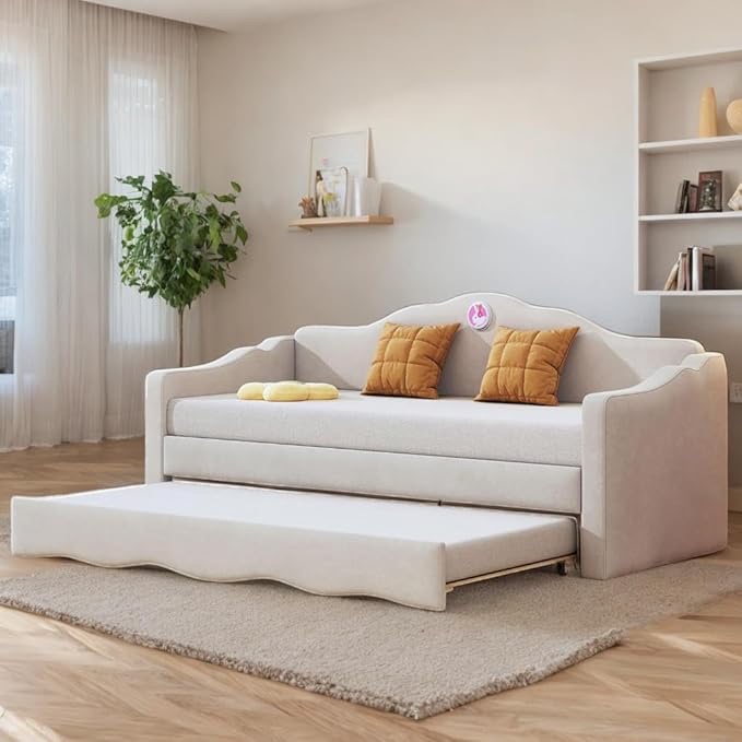 Similar to Twin Daybed with Pop Up Trundle, Velvet Upholstered Daybed with Adorable Bunny Backrest, Daybed with Trundle, Camas para Niñas, Wave Design (Beige)