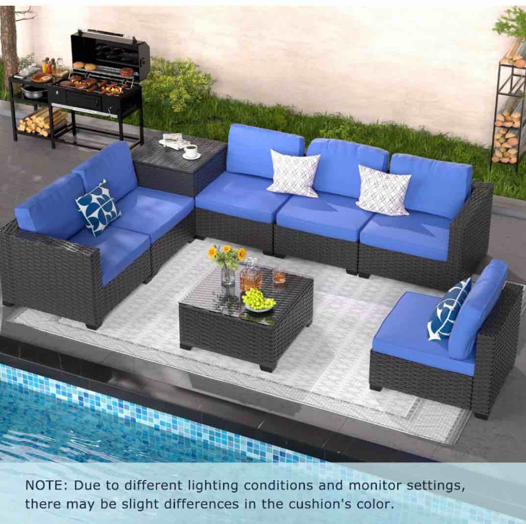 8 pc Patio Sectional With Storage and Glass top table 9’x9’ 24” h  29” wide blue cushions table size 26” x 26’ 13.5” h // 3 BOXES FOR PICKUP 