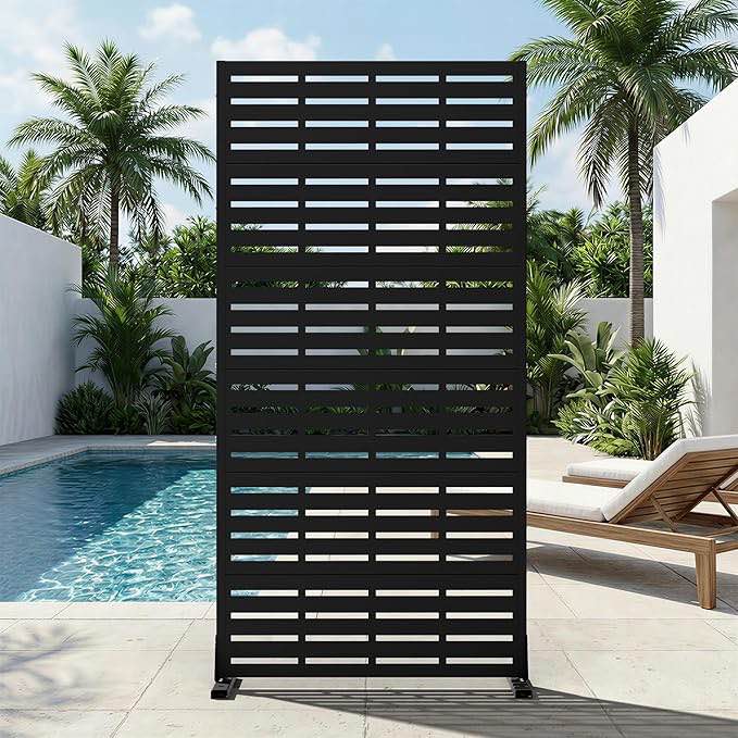 casaphoria metal privacy screen outdoor, 72" h x 35" w freestanding decorative privacy screen for patio deck balcony garden with stable base, black-adams