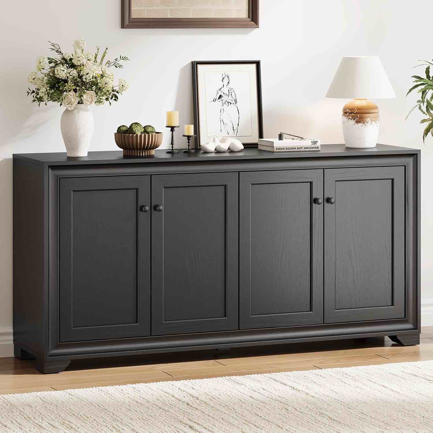 60" buffet cabinet with storage, 4 doors sideboard buffet cabinet with adjustabl