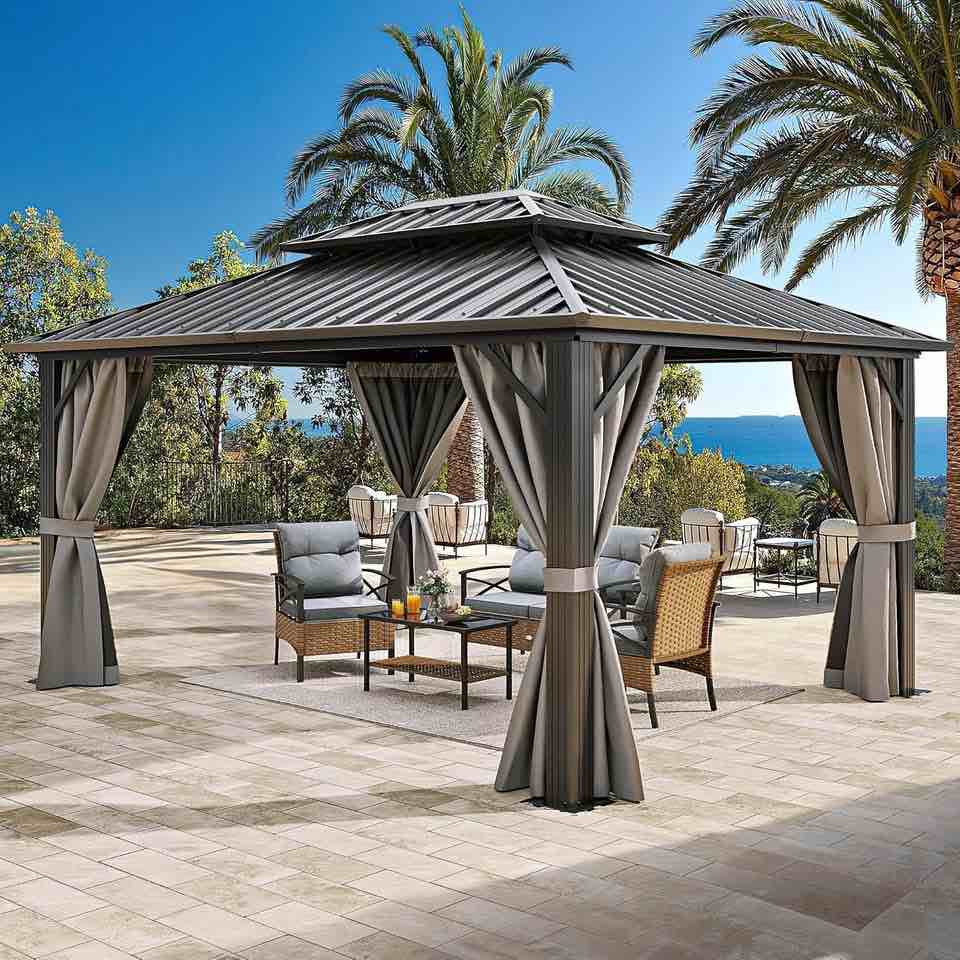 yitahome 10x12ft hardtop gazebo with nettings and curtains, heavy duty double roof (incomplete one box only)
