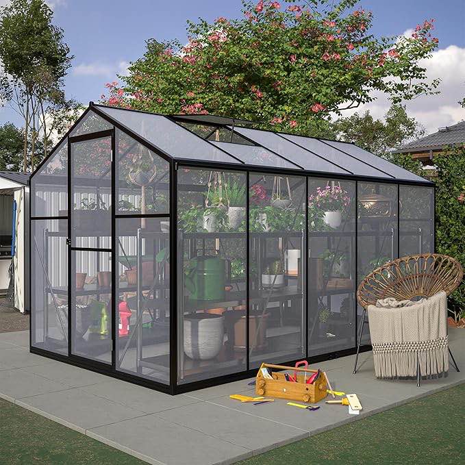 6x10 ft greenhouse for outdoors, large walk-in polycarbonate greenhouse kit - aluminum frame with lockable door and 2 adjustable roof vent, ideal for garden and backyard use (incomplete one box of two only)