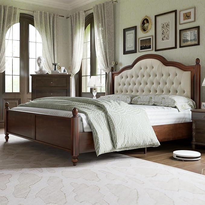 solid wood queen size bed frame, platform bed with upholstered headboard, luxury beds with wood slat support, walnut (incomplete headboard only) (color different from stock photo)