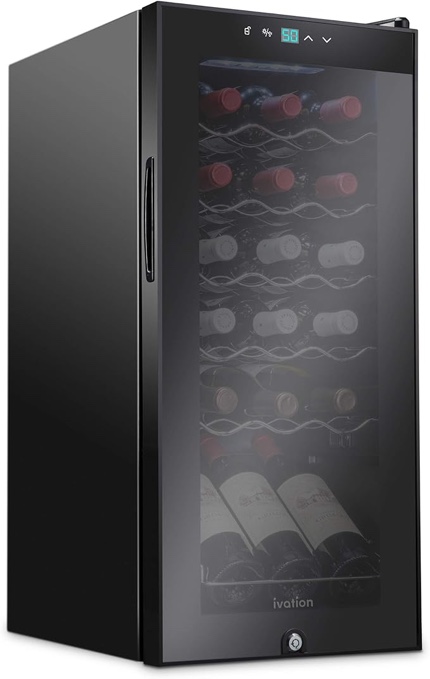 ivation 18 bottle compressor wine cooler refrigerator w/lock, large freestanding wine cellar for red, white, champagne or sparkling wine, 41f-64f digital temperature control fridge glass door black