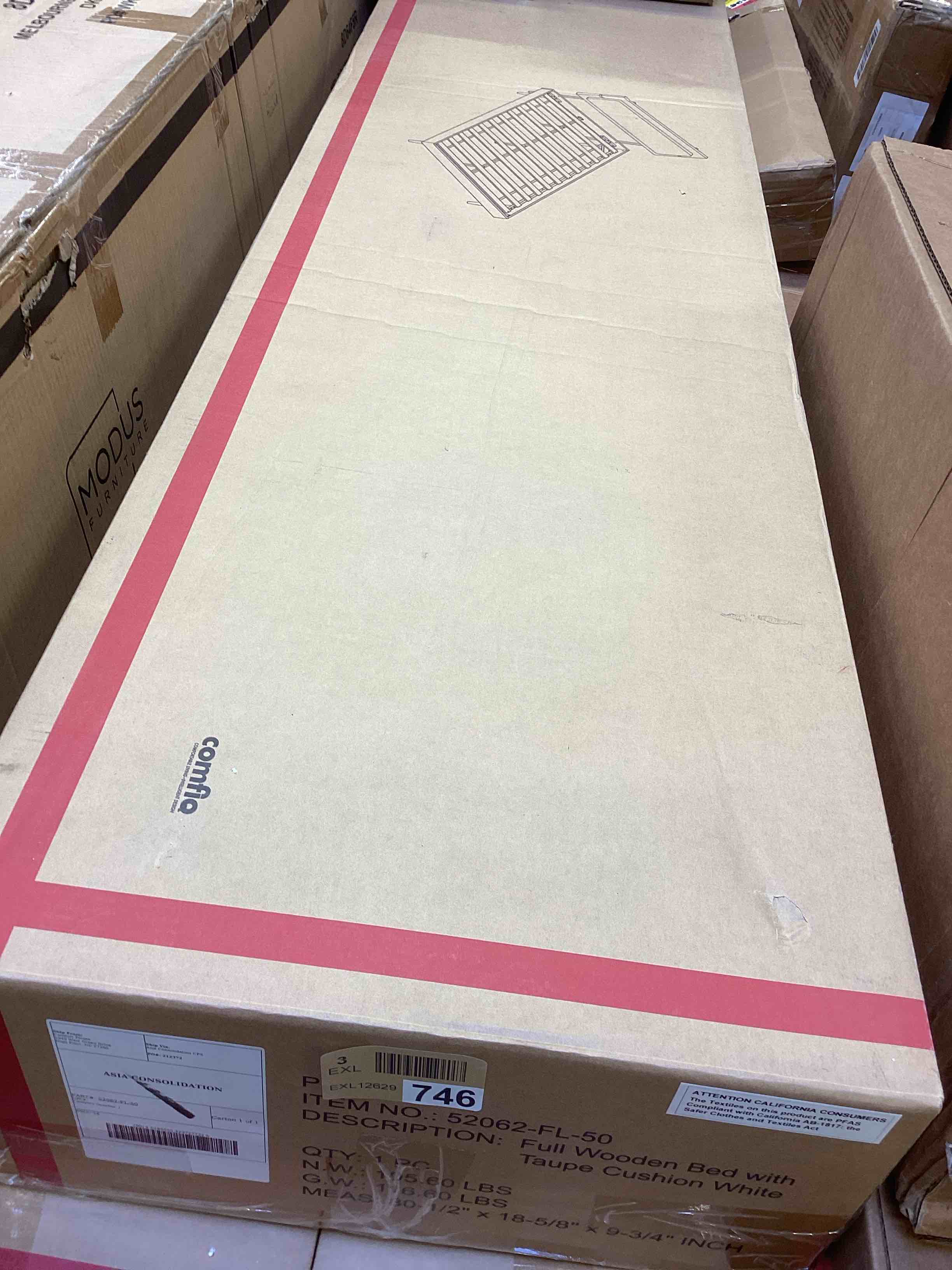 Condition photo showing New/Like New for comfiq full wooden bed with taupe cushion white