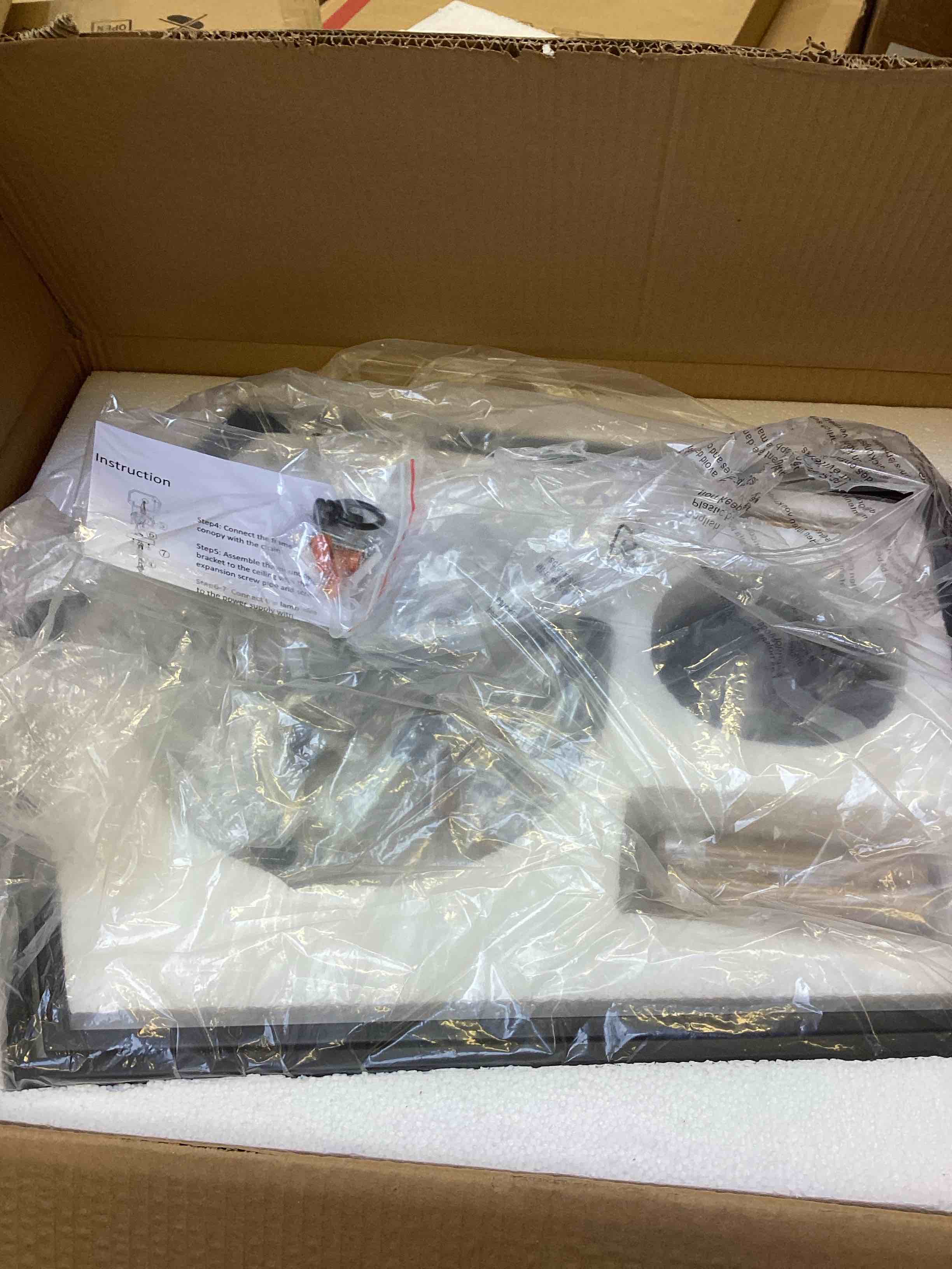 Condition photo showing New/Like New for 6 - light dimmable lantern pendant light with industrial metal frame (1-pack)