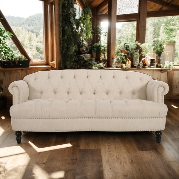 tufted sofa with nailhead trim, beige (incomplete box 2 of 2 only ) (model similar from photo)