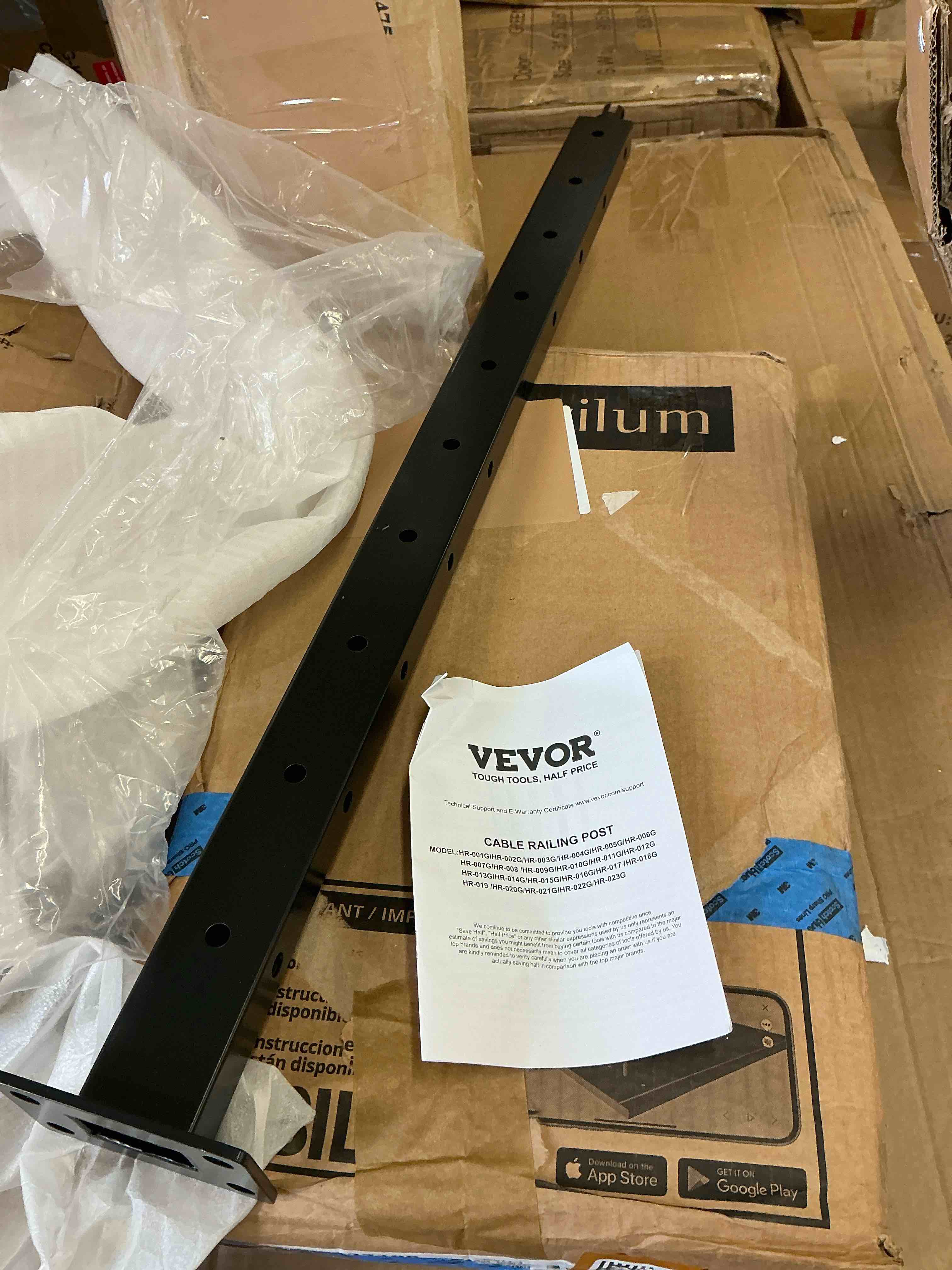 Condition photo showing As Is for vevor cable railing post, 42x2x2 inch level deck stair posts, 1-pack stainless steel cable handrail post, pre-drilled pickets with mounting bracket stair railing kit, black,