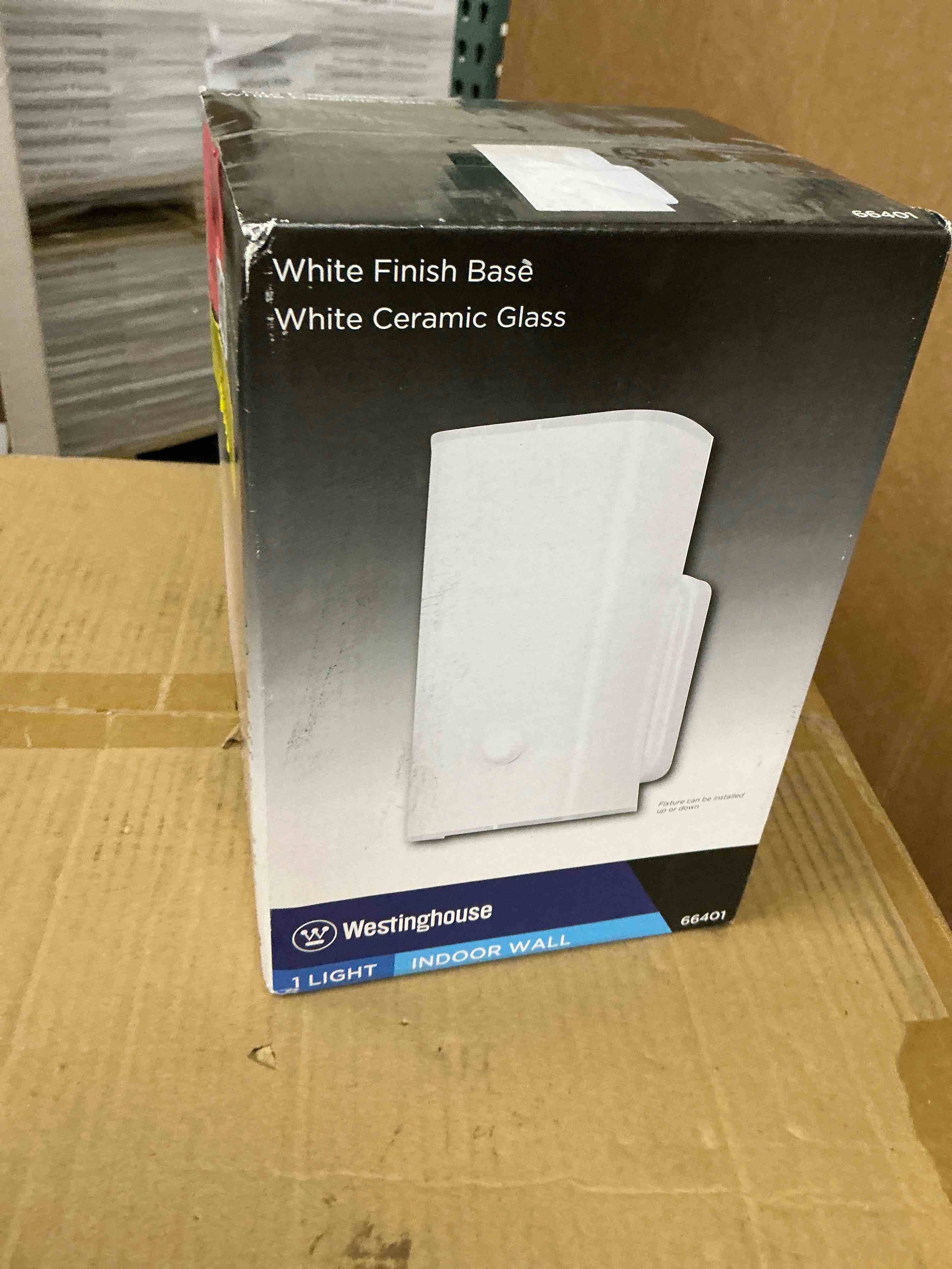 Condition photo showing New/Like New for westinghouse 1 light wall fixture white finish base white ceramic glass