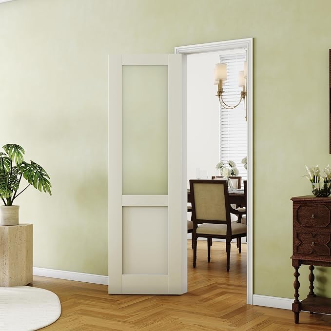 Half-Frosted Glass Interior Door, 24"x 80", French Doors for Wardrobe & Bedroom, Single Pantry Door Slab, MDF, White Primed
