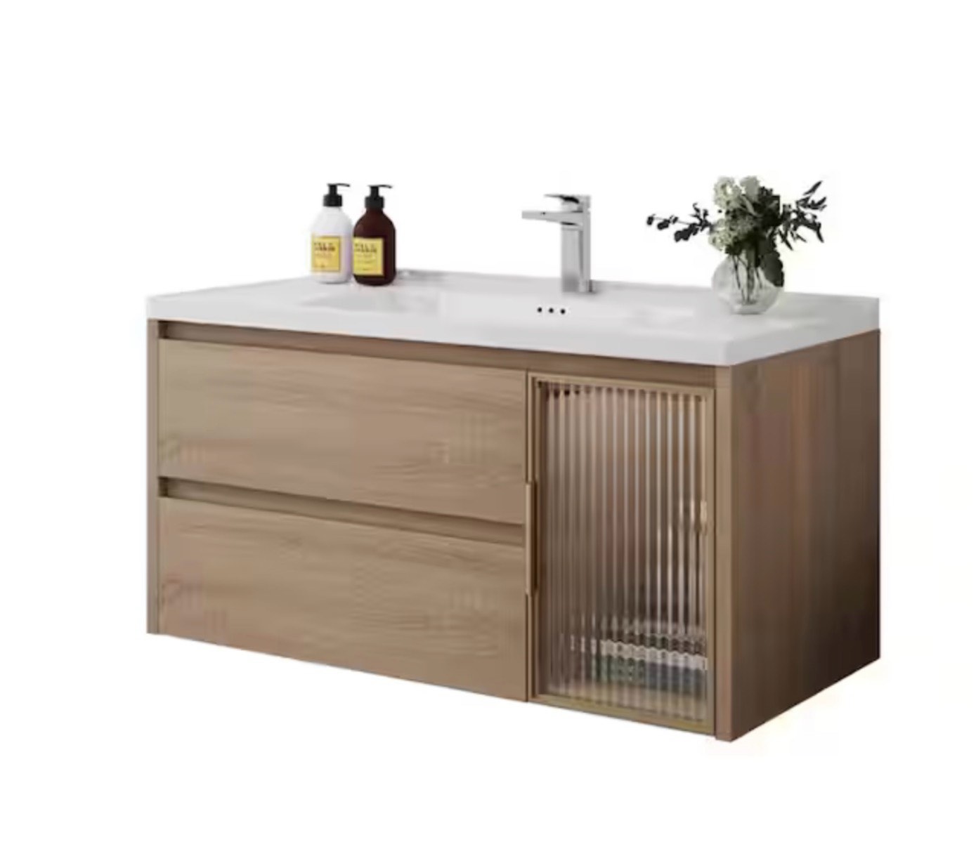  (incomplete) (box #1 only) 36" single bathroom vanity in natural wood with ceramic top, visible cabinet door and drain included–