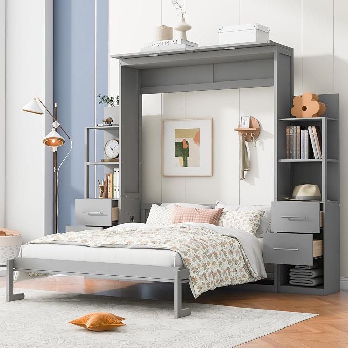 (incomplete) queen size murphy bed wall bed with shelves, drawers and led lights,wood wall bed can be folded into a cabinet, modern foldable bed frame for multipurpose guest room or home office (gray#066)