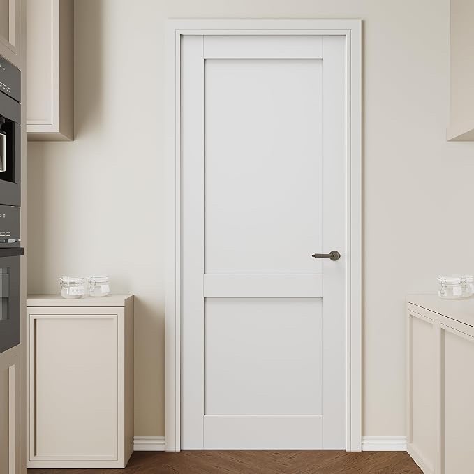 30''x80'' 2-panel solid core interior door slab shaker, pre-built panel for barn door, pocket doors, french doors, for bedroom, pantry closet, laundry&bathroom, white prefinish&paintable