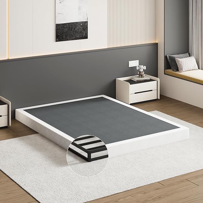 uomeur box spring for queen bed,5 inch low profile box spring queen for queen mattress, 3500lbs heavy duty metal mattress foundation support,noise-free, non-slip, easy assembly, cleanable fabric cover