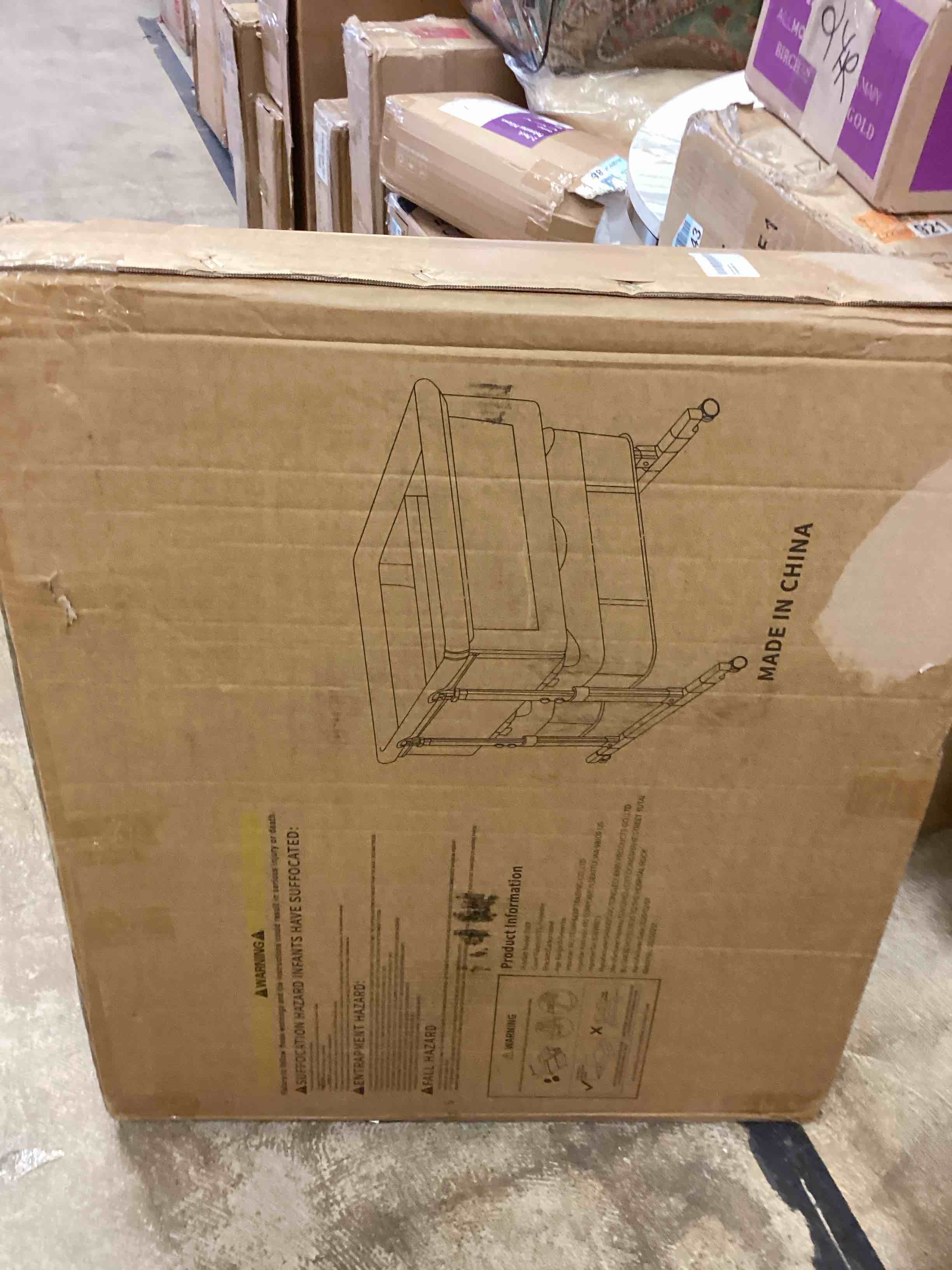 Condition photo showing New/Like New for chrome metal modern bassinet with adjustable height and gray upholstered