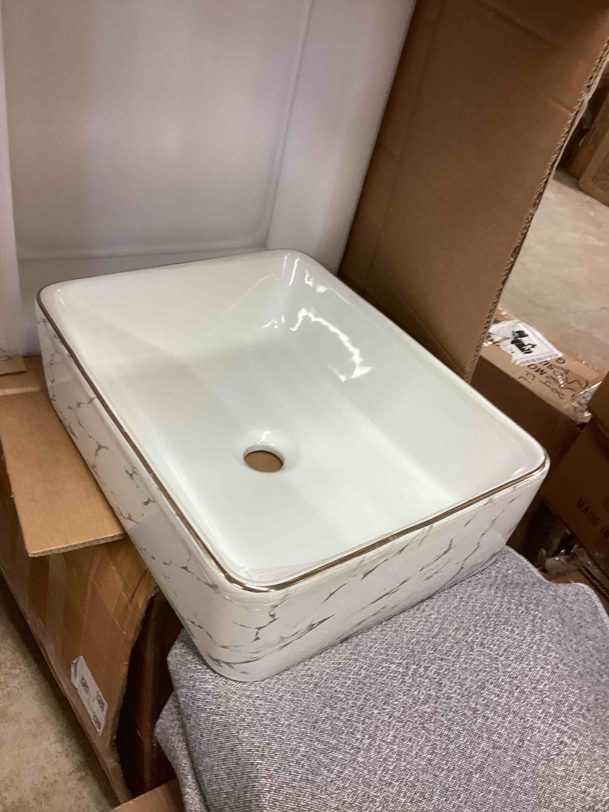 Condition photo showing New/Like New for 19" white ceramic bathroom vessel sink with gold faucet & drainer - marbled rectangular above counter sink bowl, modern porcelain vanity sink for luxury bathrooms