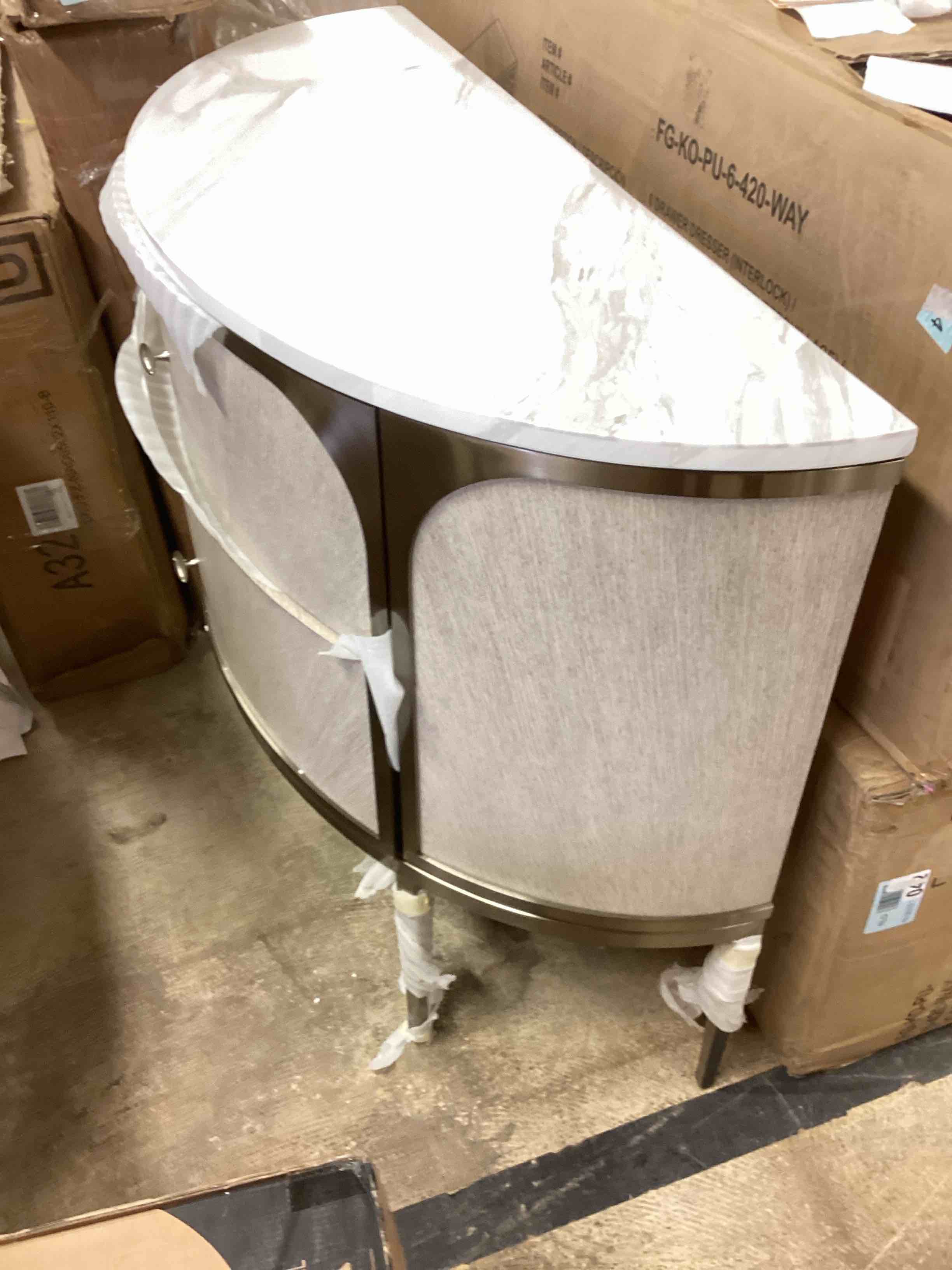Condition photo showing New/Like New for hooker furniture modern mood 2-drawer nightstand in diamond, pewter, white and gray